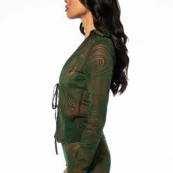 LIVIN ON A PRAYER TIE FRONT MESH BLOUSE -helmut shop livin on a prayer tie front mesh blouse green multi 4 4