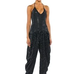 LONDON RHINESTONE STRIPE RELAXED FIT HALTER NECK JUMPSUIT -helmut shop london rhinestone stripe relaxed fit halter neck jumpsuit black 5 5