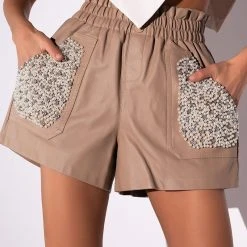 LORIE PEARL EMBELLISHED FAUX LEATHER SHORTS -helmut shop lorie pearl embellished faux leather shorts beige 2 2