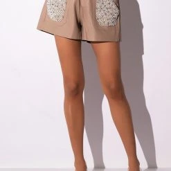LORIE PEARL EMBELLISHED FAUX LEATHER SHORTS -helmut shop lorie pearl embellished faux leather shorts beige 5 5