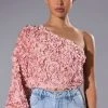 LUCIA FLORAL APPLIQUE ONE SHOULDER CROP BLOUSE -helmut shop lucia floral applique one shoulder crop blouse pink 1 1