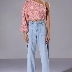 LUCIA FLORAL APPLIQUE ONE SHOULDER CROP BLOUSE -helmut shop lucia floral applique one shoulder crop blouse pink 2 2