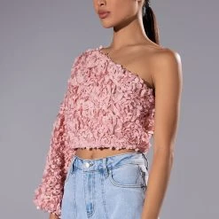 LUCIA FLORAL APPLIQUE ONE SHOULDER CROP BLOUSE -helmut shop lucia floral applique one shoulder crop blouse pink 3 3