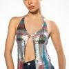 GOING OUT TONIGHT HIGH SHINE CHAINMAIL FRONT CLASP HALTER TOP -helmut shop luciana chainmail front clasp halter top multi 1 1