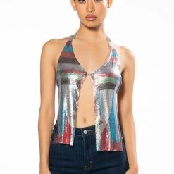 GOING OUT TONIGHT HIGH SHINE CHAINMAIL FRONT CLASP HALTER TOP -helmut shop luciana chainmail front clasp halter top multi 3 3