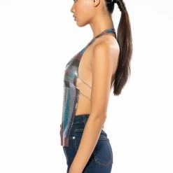 GOING OUT TONIGHT HIGH SHINE CHAINMAIL FRONT CLASP HALTER TOP -helmut shop luciana chainmail front clasp halter top multi 4 4