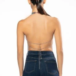 GOING OUT TONIGHT HIGH SHINE CHAINMAIL FRONT CLASP HALTER TOP -helmut shop luciana chainmail front clasp halter top multi 5 5