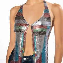 GOING OUT TONIGHT HIGH SHINE CHAINMAIL FRONT CLASP HALTER TOP -helmut shop luciana chainmail front clasp halter top multi 6 6