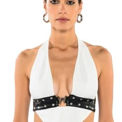 LUMA LOW V NECK HALTER BLOUSE WITH BELT -helmut shop luma low v neck halter blouse with belt white black 1 1 c1