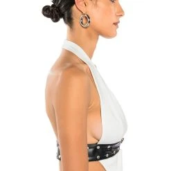 LUMA LOW V NECK HALTER BLOUSE WITH BELT -helmut shop luma low v neck halter blouse with belt white black 3 3