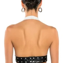 LUMA LOW V NECK HALTER BLOUSE WITH BELT -helmut shop luma low v neck halter blouse with belt white black 4 4