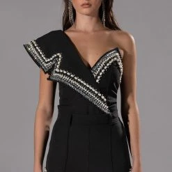 LUXURIOUS PEARL AND RHINESTONE DETAILED BODYSUIT IN BLACK -helmut shop luxurious pearl and rhinestone detailed bodysuit in black black 4 4