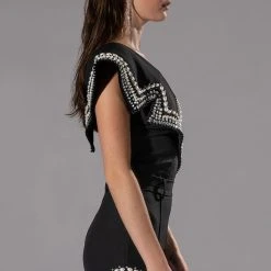 LUXURIOUS PEARL AND RHINESTONE DETAILED BODYSUIT IN BLACK -helmut shop luxurious pearl and rhinestone detailed bodysuit in black black 6 6