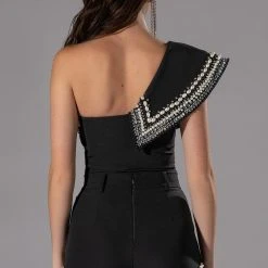 LUXURIOUS PEARL AND RHINESTONE DETAILED BODYSUIT IN BLACK -helmut shop luxurious pearl and rhinestone detailed bodysuit in black black 7 7