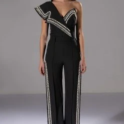 LUXURIOUS PEARL AND RHINESTONE DETAILED BODYSUIT IN BLACK -helmut shop luxurious pearl and rhinestone detailed bodysuit in black black 9 9