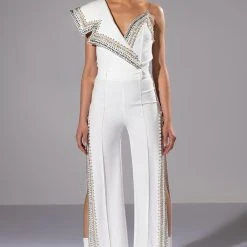 LUXURIOUS PEARL AND RHINESTONE DETAILED BODYSUIT IN WHITE -helmut shop luxurious top white 3 3