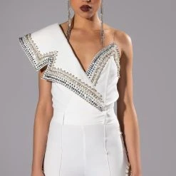 LUXURIOUS PEARL AND RHINESTONE DETAILED BODYSUIT IN WHITE -helmut shop luxurious top white 5 5