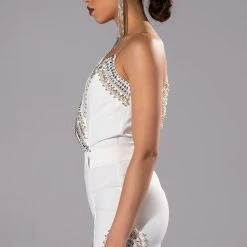 LUXURIOUS PEARL AND RHINESTONE DETAILED BODYSUIT IN WHITE -helmut shop luxurious top white 6 6