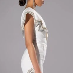 LUXURIOUS PEARL AND RHINESTONE DETAILED BODYSUIT IN WHITE -helmut shop luxurious top white 7 7