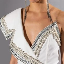 LUXURIOUS PEARL AND RHINESTONE DETAILED BODYSUIT IN WHITE -helmut shop luxurious top white 9 9