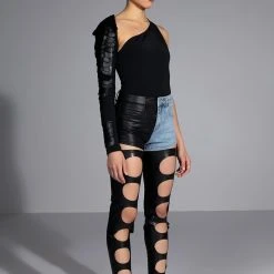 MADE YOU LOOK COLD SHOULDER ONE SLEEVE SCALE BODYSUIT -helmut shop made you look cold shoulder one sleeve scale bodysuit black 2 2