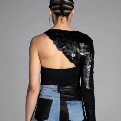 MADE YOU LOOK COLD SHOULDER ONE SLEEVE SCALE BODYSUIT -helmut shop made you look cold shoulder one sleeve scale bodysuit black 6 6