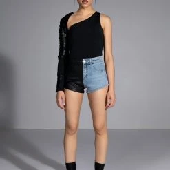 MADE YOU LOOK COLD SHOULDER ONE SLEEVE SCALE BODYSUIT -helmut shop made you look cold shoulder one sleeve scale bodysuit black 8 8