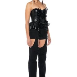 MAKE A MOVIE FAUX LEATHER RUFFLE STRAPLESS TOP -helmut shop make a movie faux leather ruffle strapless top black 4 4 c1