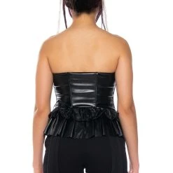 MAKE A MOVIE FAUX LEATHER RUFFLE STRAPLESS TOP -helmut shop make a movie faux leather ruffle strapless top black 6 6 c1