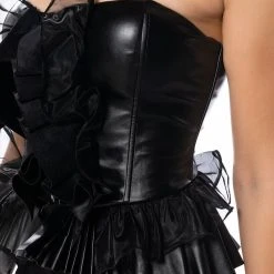 MAKE A MOVIE FAUX LEATHER RUFFLE STRAPLESS TOP -helmut shop make a movie faux leather ruffle strapless top black 7 7