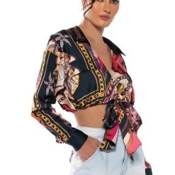 MALIBU SCARF PRINT TIE FRONT BLOUSE -helmut shop malibu scarf print tie front blouse blue multi 2 2