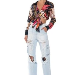 MALIBU SCARF PRINT TIE FRONT BLOUSE -helmut shop malibu scarf print tie front blouse blue multi 3 3