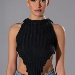 MARITZIA KNIT GEO HEM SLEEVELESS HOODED TOP -helmut shop maritzia knit geo hem sleeveless hooded top black 2 2