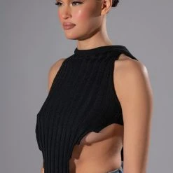 MARITZIA KNIT GEO HEM SLEEVELESS HOODED TOP -helmut shop maritzia knit geo hem sleeveless hooded top black 3 3