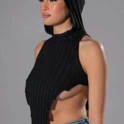 MARITZIA KNIT GEO HEM SLEEVELESS HOODED TOP -helmut shop maritzia knit geo hem sleeveless hooded top black 4 4