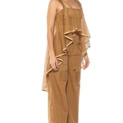 MESH SYMMETRICAL HIGH LOW SLEEVELESS BLOUSE -helmut shop mesh symmetrical high low sleeveless blouse beige 2 2