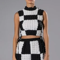 MET YOU SAN FRANCISCO COLORBLOCK SLEEVELESS PUFF CROP TOP -helmut shop met you san francisco colorblock sleeveless puff crop top white black 5 5