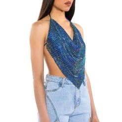MIAMI CALLIN RHINESTONE CHAINMAIL TOP IN BLUE -helmut shop miami callin rhinestone chainmail top in blue blue 2 2