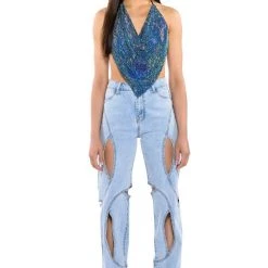 MIAMI CALLIN RHINESTONE CHAINMAIL TOP IN BLUE -helmut shop miami callin rhinestone chainmail top in blue blue 3 3