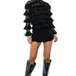 MISS EVERYTHING MESH RUFFLE BUTTON DOWN TOP -helmut shop miss everything mesh ruffle button down top black 3 3