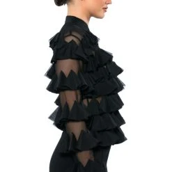 MISS EVERYTHING MESH RUFFLE BUTTON DOWN TOP -helmut shop miss everything mesh ruffle button down top black 4 4