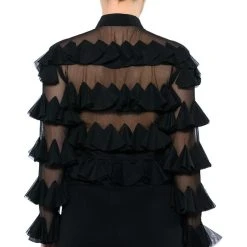 MISS EVERYTHING MESH RUFFLE BUTTON DOWN TOP -helmut shop miss everything mesh ruffle button down top black 5 5