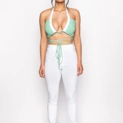 MODERN ART WRAP FRONT POPLIN HALTER CROP TOP -helmut shop modern art wrap front poplin halter crop top green multi 11 11