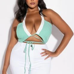 MODERN ART WRAP FRONT POPLIN HALTER CROP TOP -helmut shop modern art wrap front poplin halter crop top green multi 2 2