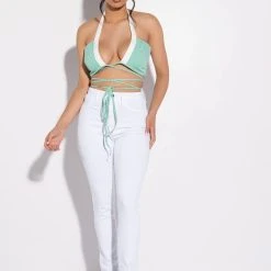 MODERN ART WRAP FRONT POPLIN HALTER CROP TOP -helmut shop modern art wrap front poplin halter crop top green multi 4 4