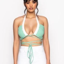 MODERN ART WRAP FRONT POPLIN HALTER CROP TOP -helmut shop modern art wrap front poplin halter crop top green multi 7 7