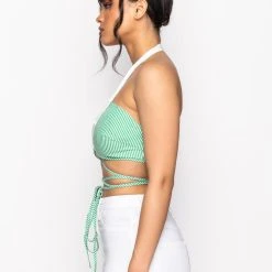 MODERN ART WRAP FRONT POPLIN HALTER CROP TOP -helmut shop modern art wrap front poplin halter crop top green multi 8 8