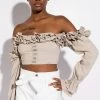 MODERN ROMANCE RUFFLE OFF THE SHOULDER CROPPED BLOUSE -helmut shop modern romance ruffle off the shoulder cropped blouse grey 1 1