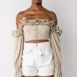 MODERN ROMANCE RUFFLE OFF THE SHOULDER CROPPED BLOUSE -helmut shop modern romance ruffle off the shoulder cropped blouse grey 4 4