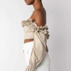 MODERN ROMANCE RUFFLE OFF THE SHOULDER CROPPED BLOUSE -helmut shop modern romance ruffle off the shoulder cropped blouse grey 5 5